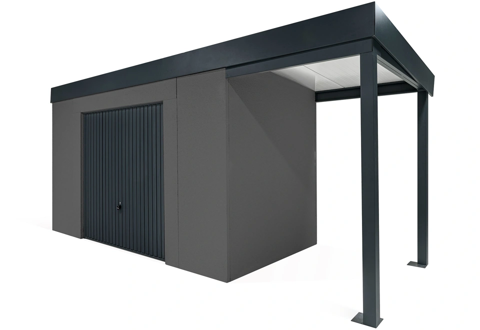 GARDEON® Gartenhaus mit sicherer Garagentür von Hörmann und überdachtem Bereich