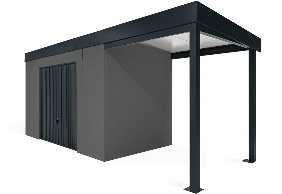 GARDEON® Gartenhaus mit sicherer Garagentür von Hörmann und überdachtem Bereich