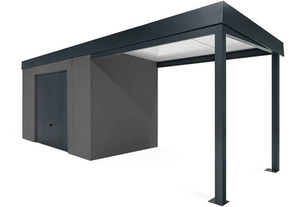 GARDEON® Gartenhaus mit sicherer Garagentür von Hörmann und überdachtem Bereich