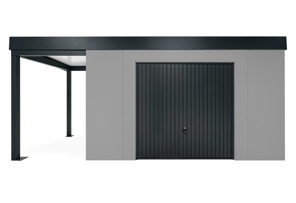 GARDEON® Gartenhaus mit sicherer Garagentür von Hörmann und überdachtem Bereich