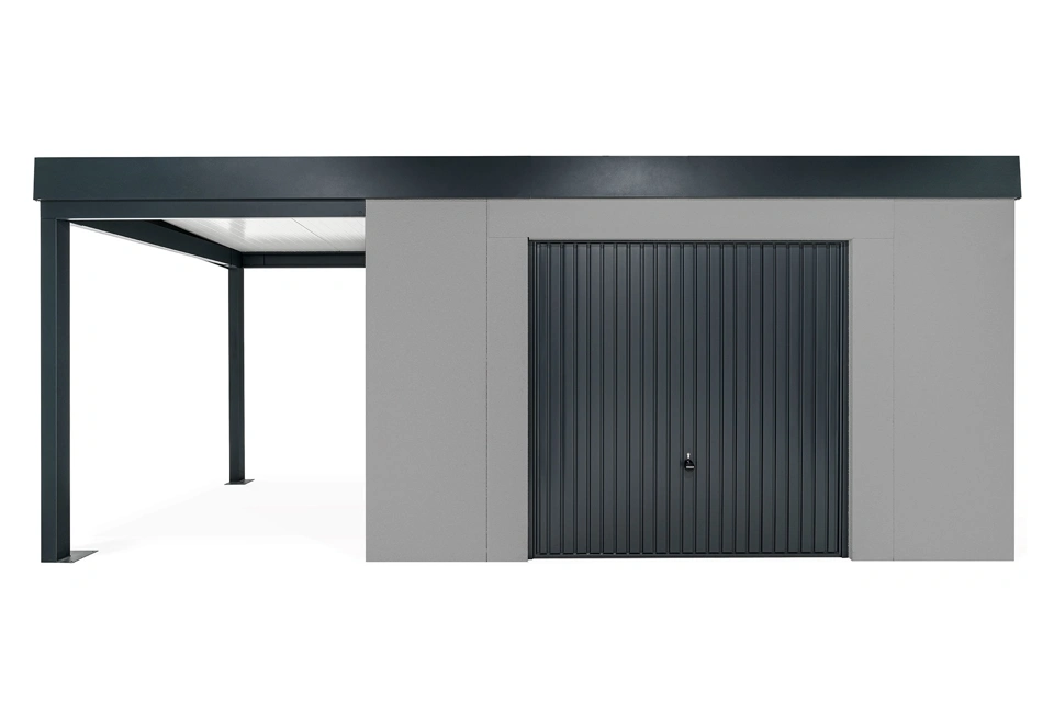 GARDEON® Gartenhaus mit sicherer Garagentür von Hörmann und überdachtem Bereich