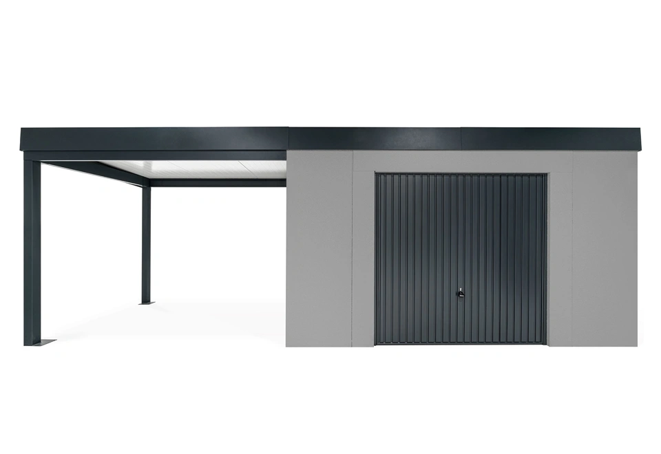 GARDEON® Gartenhaus mit sicherer Garagentür von Hörmann und überdachtem Bereich