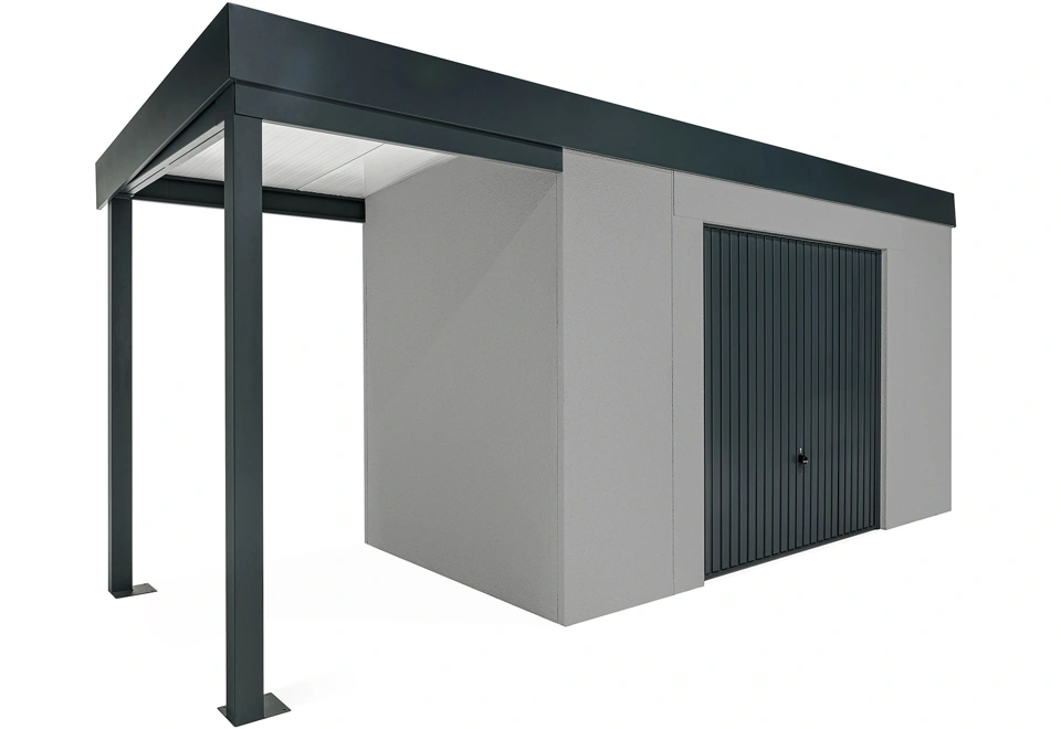 GARDEON® Gartenhaus mit sicherer Garagentür von Hörmann und überdachtem Bereich