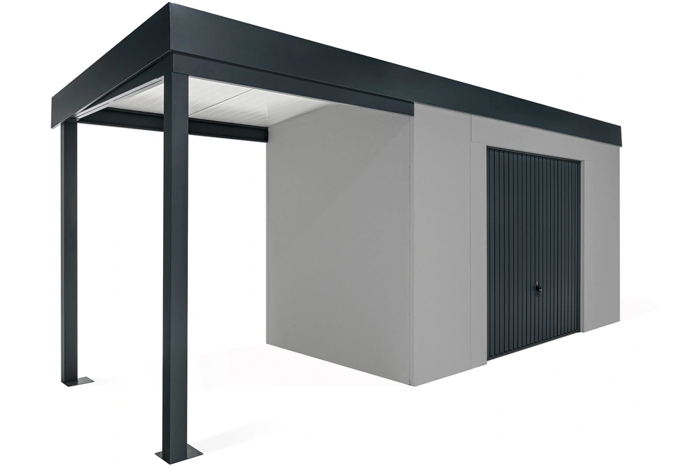 GARDEON® Gartenhaus mit sicherer Garagentür von Hörmann und überdachtem Bereich