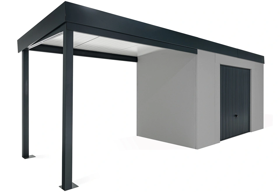 GARDEON® Gartenhaus mit sicherer Garagentür von Hörmann und überdachtem Bereich