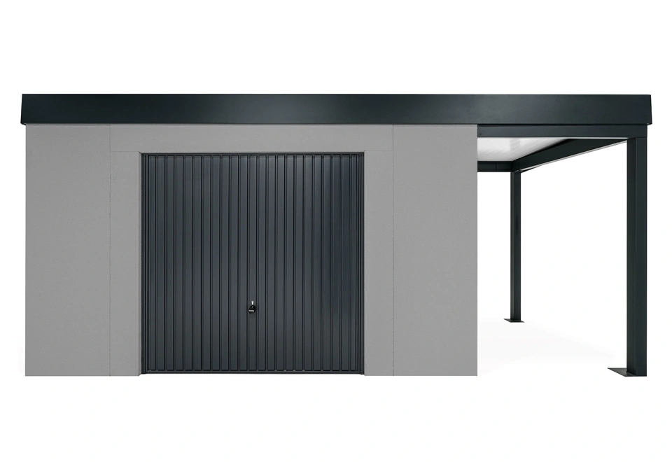 GARDEON® Gartenhaus mit sicherer Garagentür von Hörmann und überdachtem Bereich