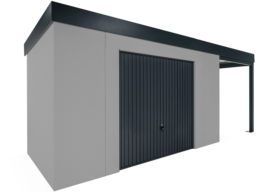 GARDEON® Gartenhaus mit sicherer Garagentür von Hörmann und überdachtem Bereich