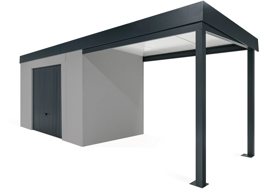 GARDEON® Gartenhaus mit sicherer Garagentür von Hörmann und überdachtem Bereich