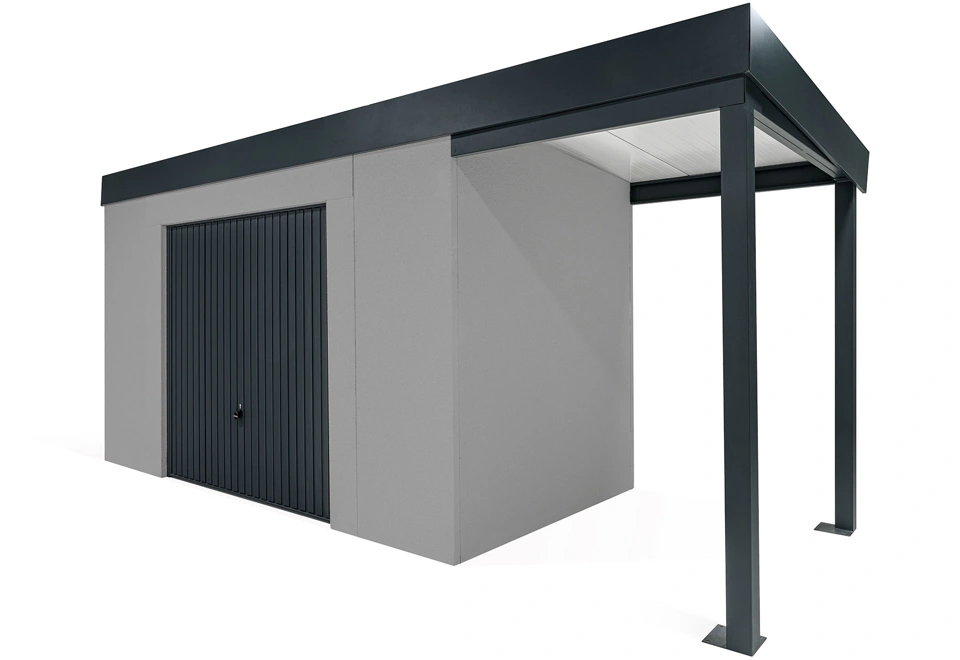 GARDEON® Gartenhaus mit sicherer Garagentür von Hörmann und überdachtem Bereich