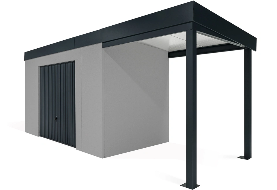 GARDEON® Gartenhaus mit sicherer Garagentür von Hörmann und überdachtem Bereich