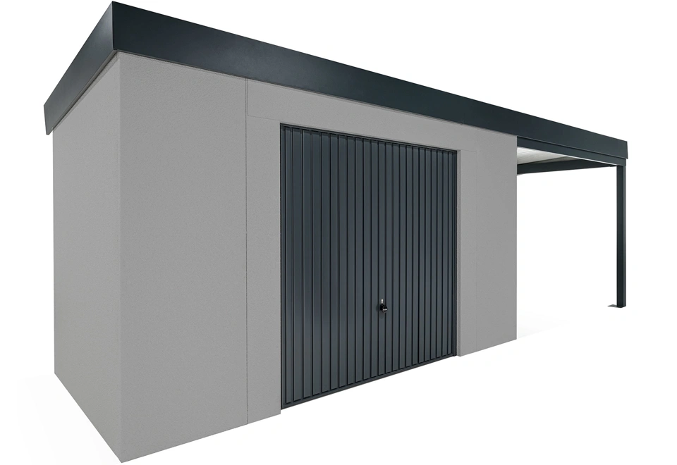 GARDEON® Gartenhaus mit sicherer Garagentür von Hörmann und überdachtem Bereich