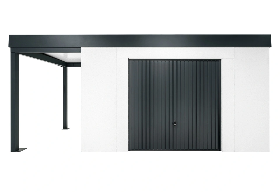 GARDEON® Gartenhaus mit sicherer Garagentür von Hörmann und überdachtem Bereich
