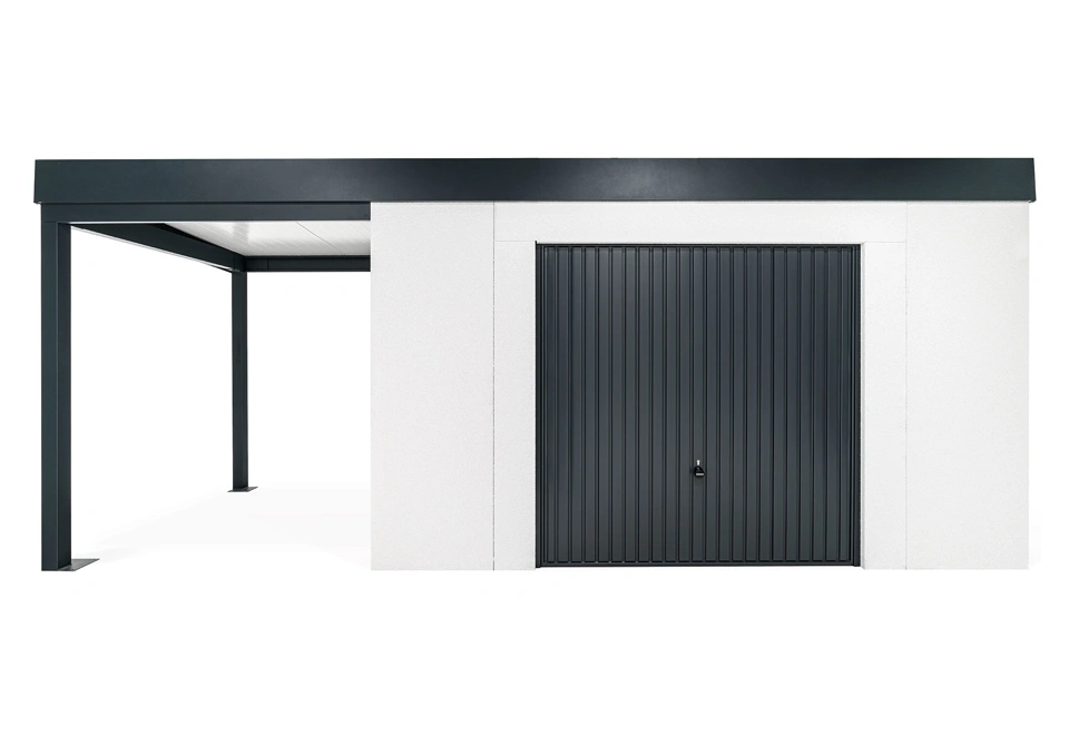 GARDEON® Gartenhaus mit sicherer Garagentür von Hörmann und überdachtem Bereich