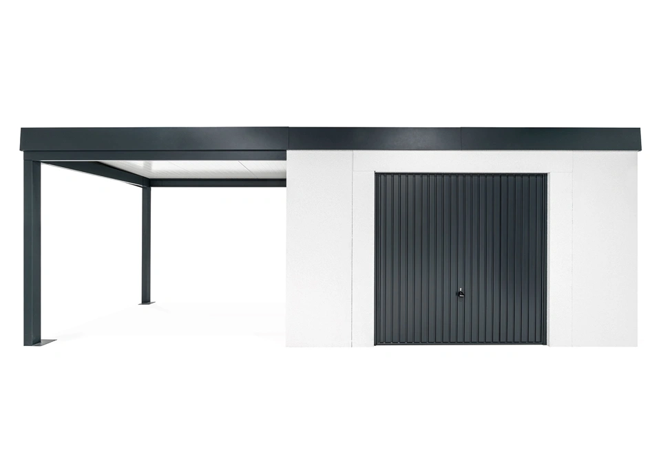 GARDEON® Gartenhaus mit sicherer Garagentür von Hörmann und überdachtem Bereich