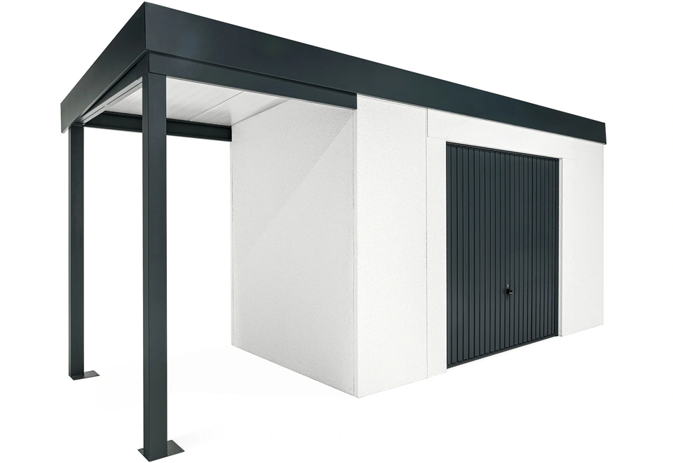 GARDEON® Gartenhaus mit sicherer Garagentür von Hörmann und überdachtem Bereich