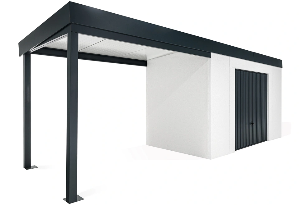 GARDEON® Gartenhaus mit sicherer Garagentür von Hörmann und überdachtem Bereich