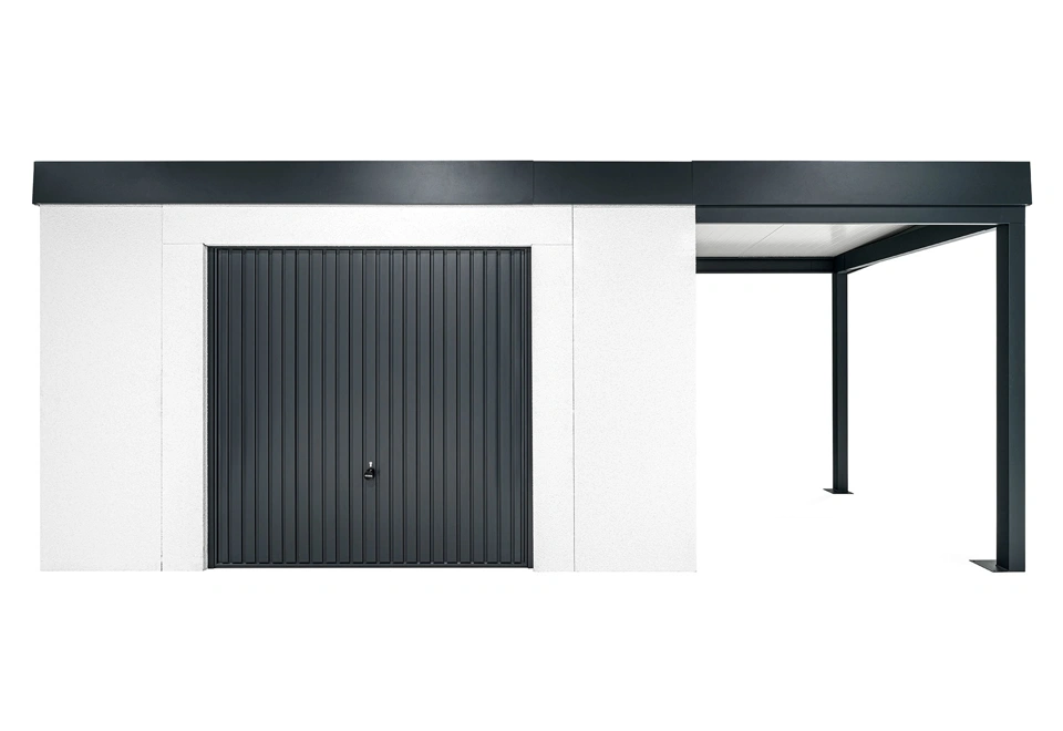 GARDEON® Gartenhaus mit sicherer Garagentür von Hörmann und überdachtem Bereich