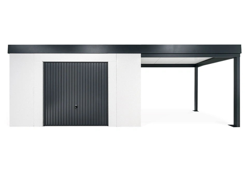 GARDEON® Gartenhaus mit sicherer Garagentür von Hörmann und überdachtem Bereich