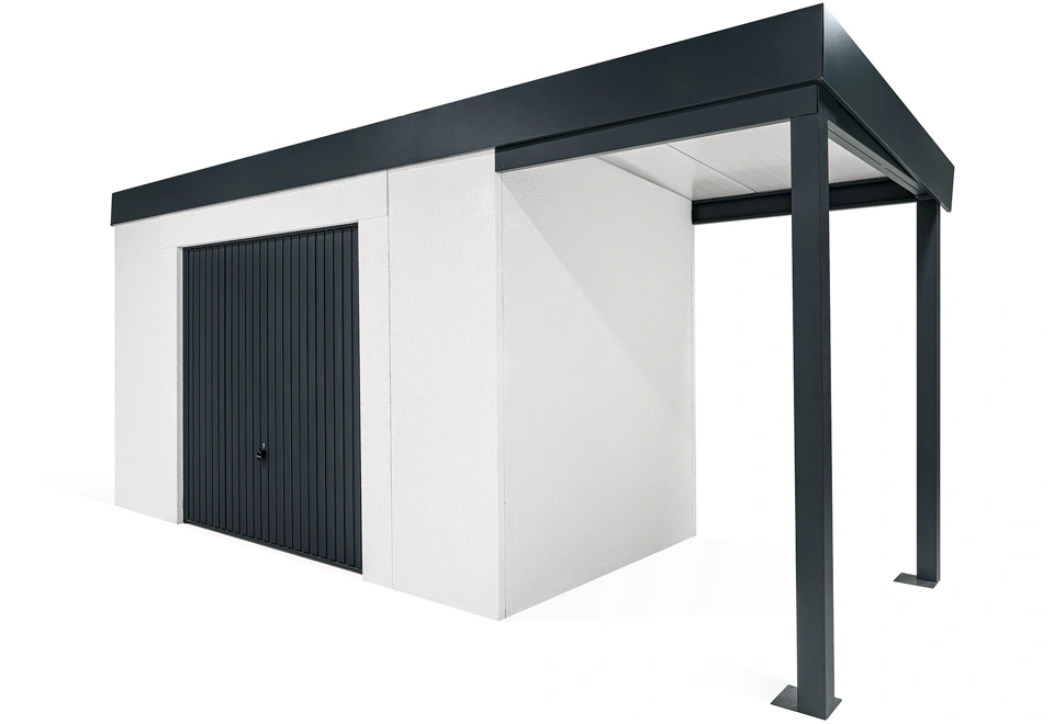 GARDEON® Gartenhaus mit sicherer Garagentür von Hörmann und überdachtem Bereich