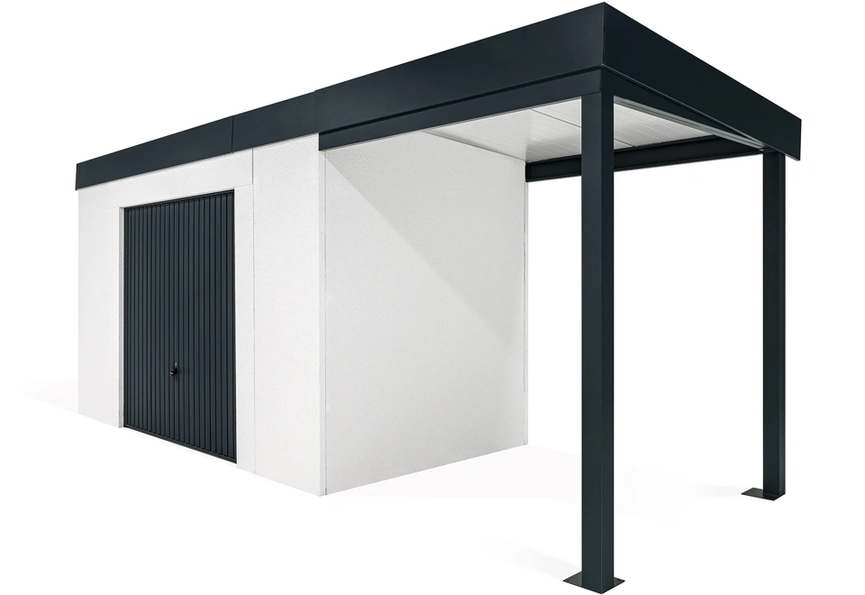GARDEON® Gartenhaus mit sicherer Garagentür von Hörmann und überdachtem Bereich