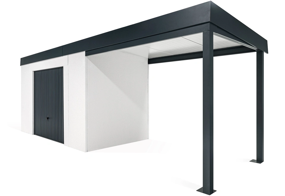 GARDEON® Gartenhaus mit sicherer Garagentür von Hörmann und überdachtem Bereich